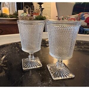Diamond Point Cut Glass Water Goblets Square Footed Base Set‎ Of Two Vintage